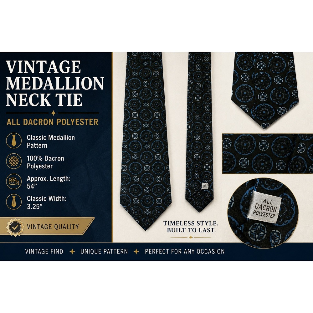 Vintage Medallion‎ Neck Tie Black Blue Dacron Polyester Geometric Retro 54x3.25